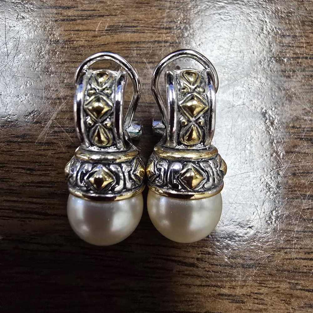 Intricate Silver and Gold Pearl Earrings